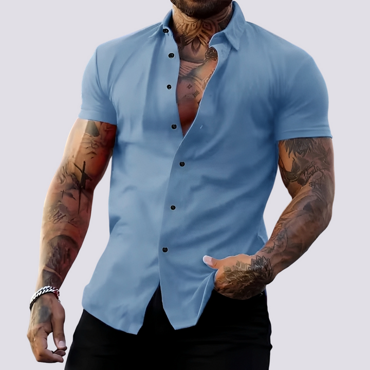 Camisa masculina casual de lapela elástica, ideal para o conforto diário no verão. Roupa masculina moderna.
