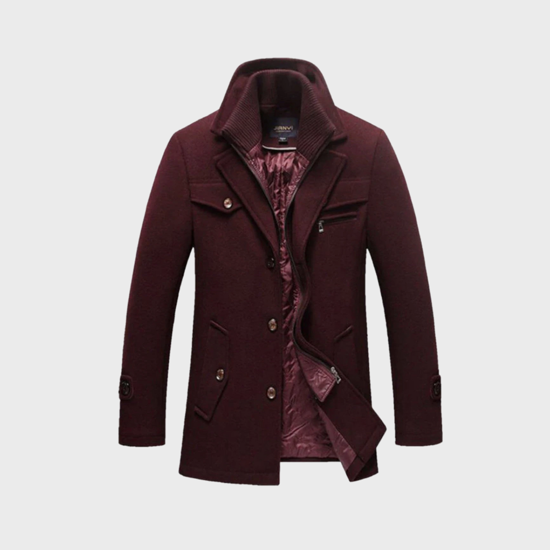 Casaco masculino peacoat de abotoamento duplo, botões grandes e lapelas amplas, estilo formal para o inverno.