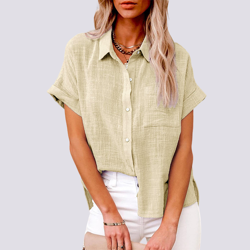 Blusa feminina casual de manga curta com bolso, ideal para conforto diário e estilo de verão.