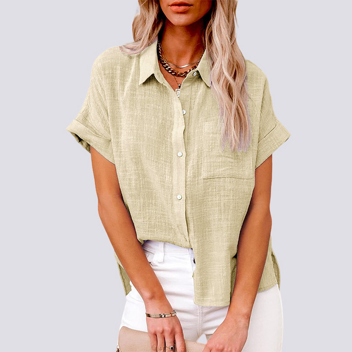 Blusa feminina casual de manga curta com bolso, ideal para conforto diário e estilo de verão.