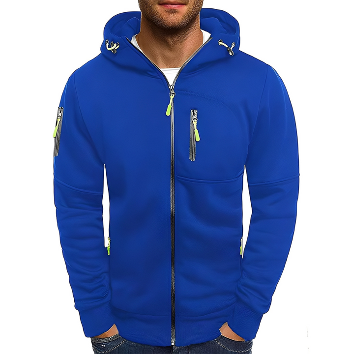 Casaco masculino com capuz, tecido macio e confortável, perfeito para o dia a dia e transição climática.