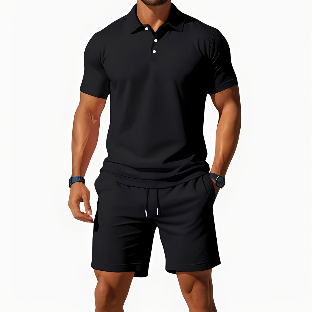 Conjunto masculino polo e short, roupa de verão estilosa para viagens e momentos de lazer.