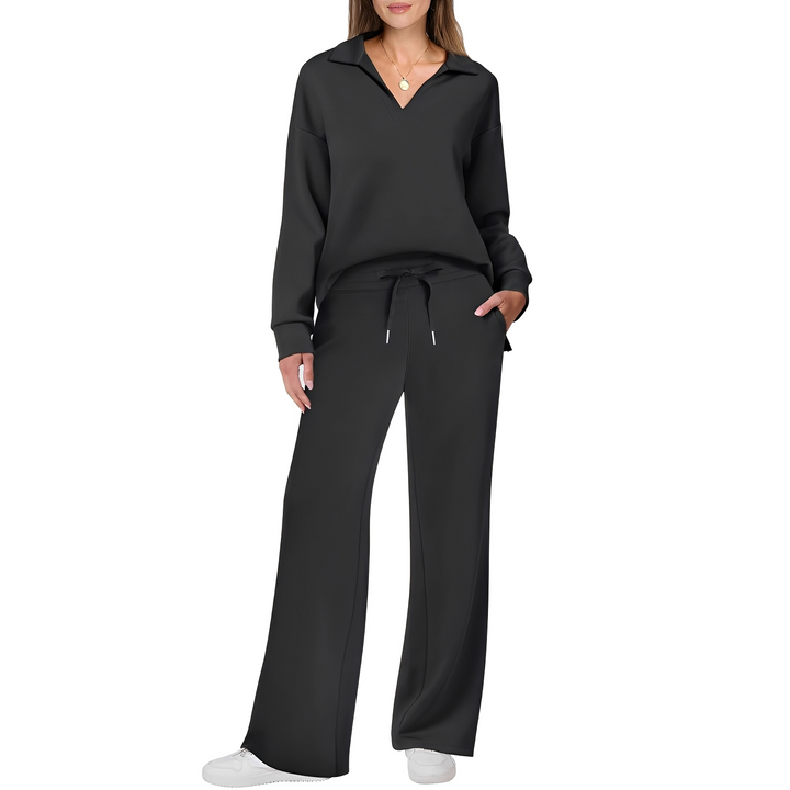 Estiloso conjunto feminino casual com suéter e calças, ideal para um look prático e confortável.