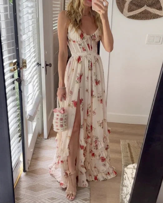 Vestido feminino longo com estampa floral, decote V, perfeito para verão elegante.