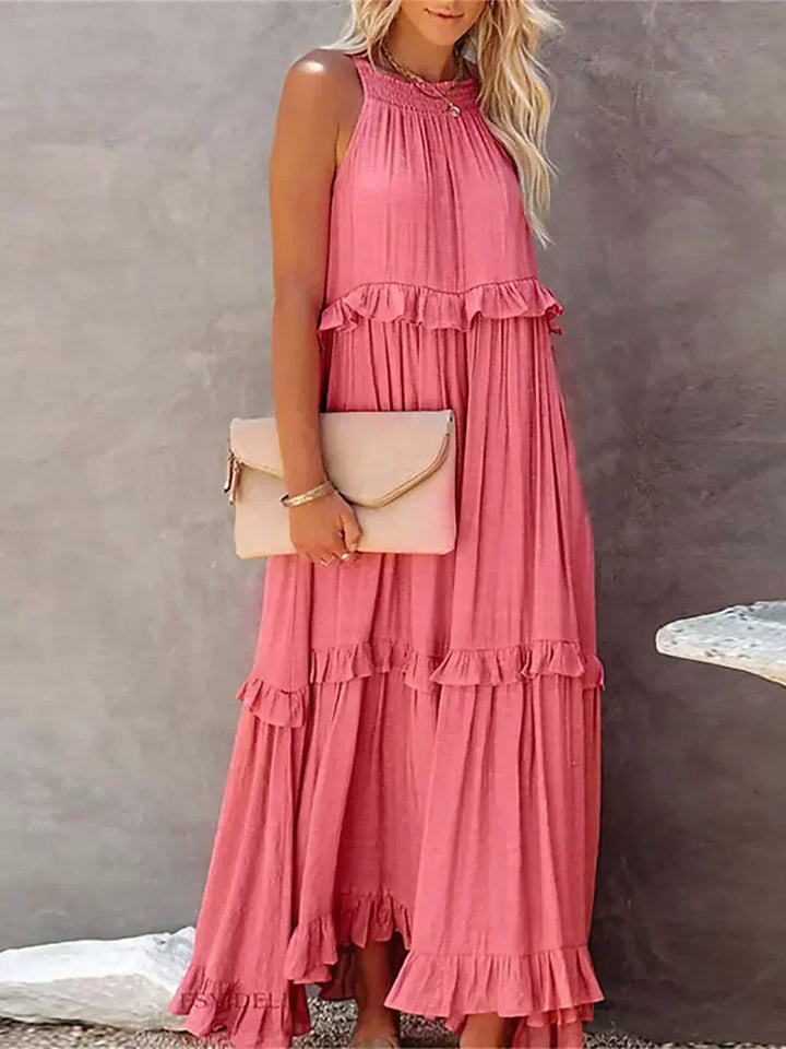 Vestido longo feminino casual elegante com babados e alças finas. Estilo e versatilidade.
