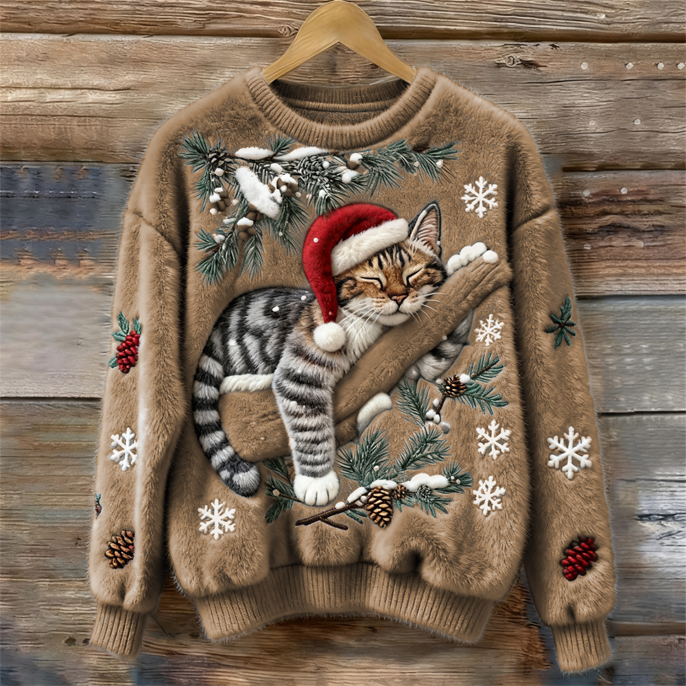 Confortável camisola de Natal unissex com gato 3D. Ideal para presente e roupa festiva de inverno.