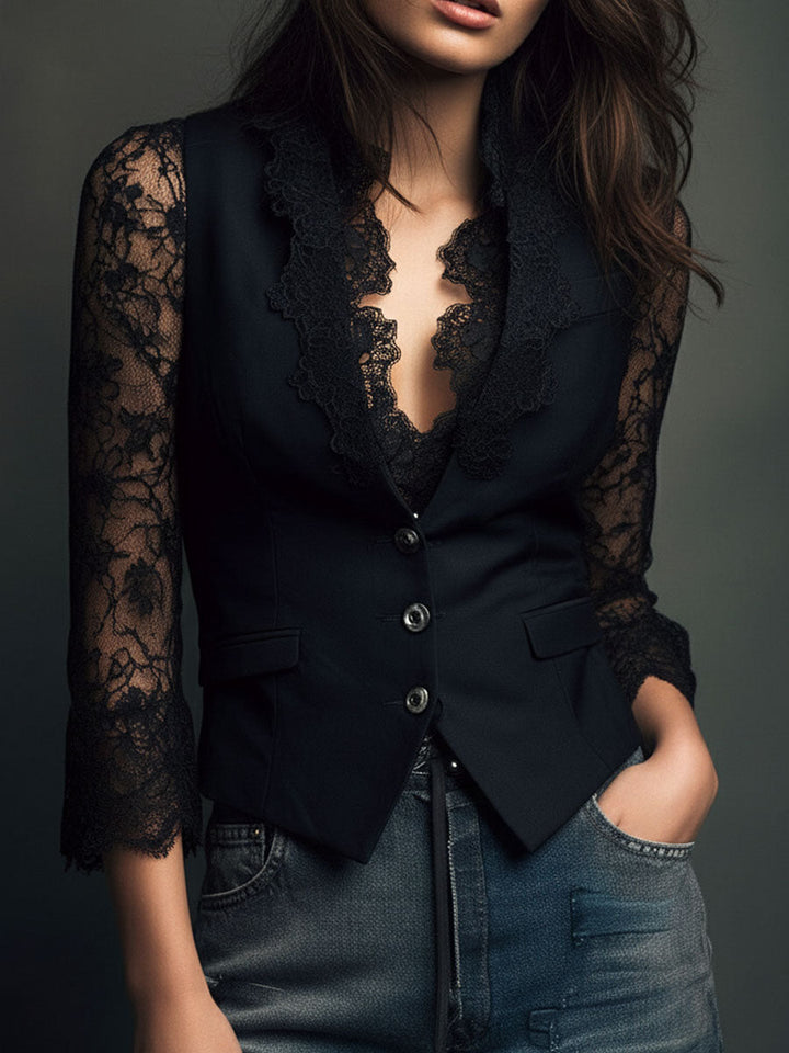 Blazer feminino marinho com renda, estilo elegante e versátil para o escritório.
