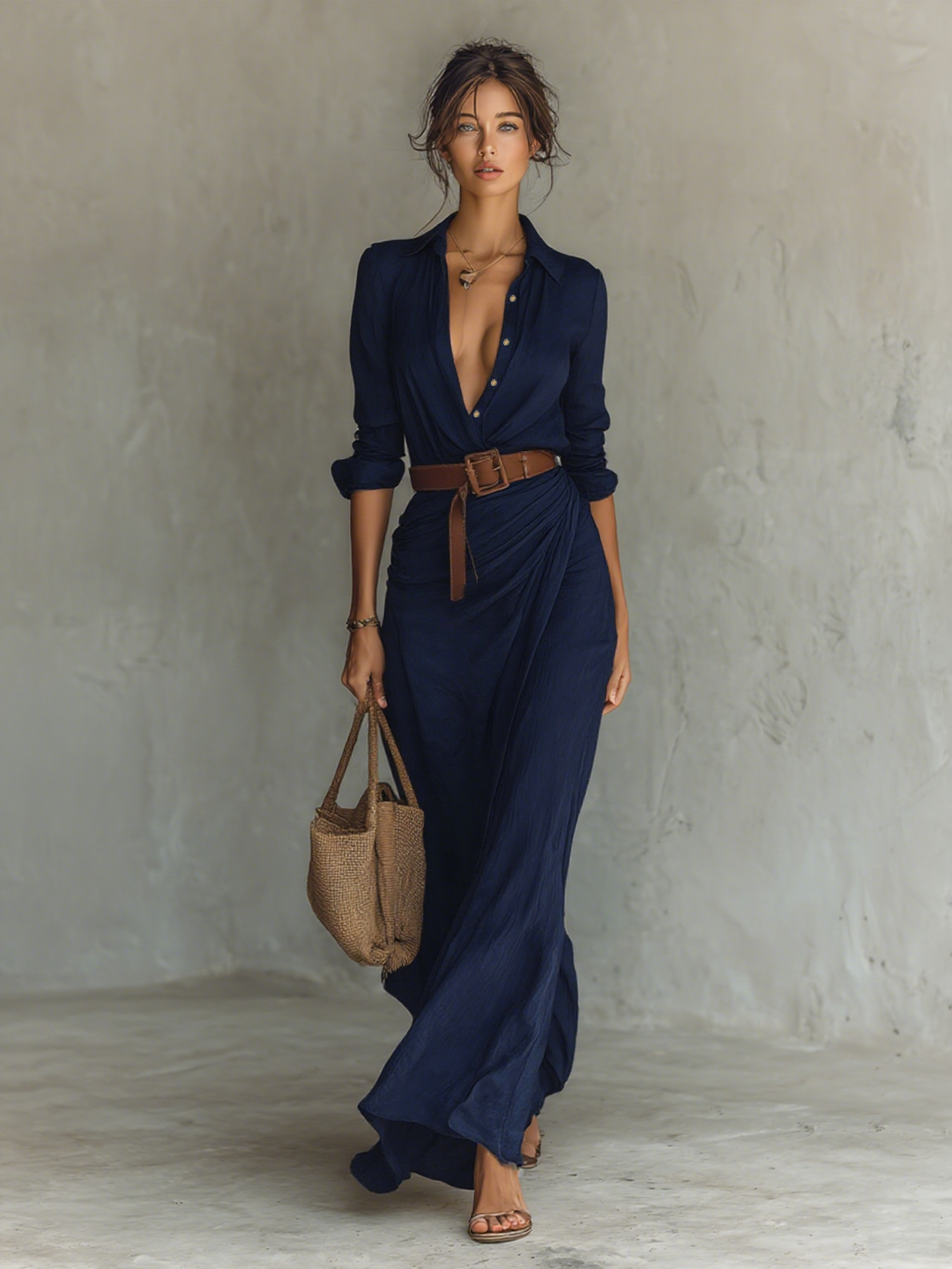 Vestido feminino longo com cinto e lapela, toque elegante. Roupa versátil para diversas ocasiões.