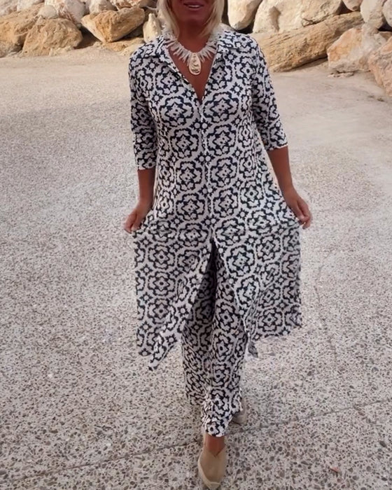 Conjunto feminino geométrico chique de duas peças com estampa contemporânea. Roupa versátil para conforto e estilo.