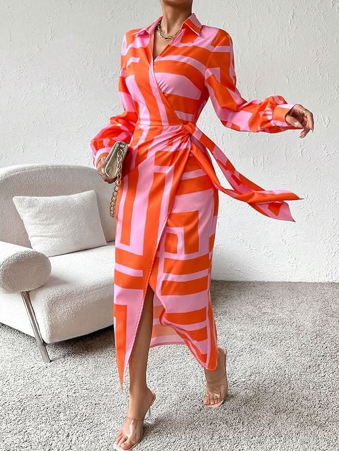Vestido feminino envelope estampado, cores vibrantes, ideal para verão e primavera, casual elegante.