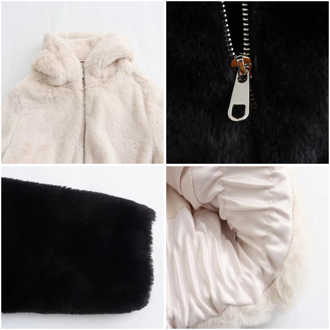 Casaco feminino preto e branco, elegante, ideal para o inverno, moda e conforto.