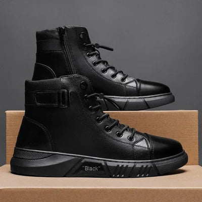 Botas de couro masculinas pretas, design clássico e funcional para trabalho, caminhada e aventura.