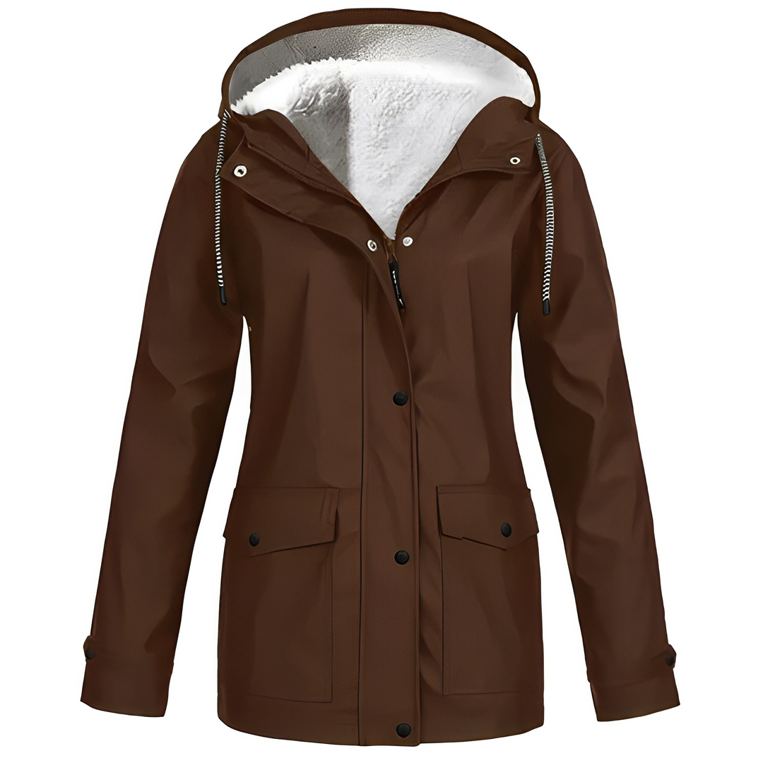 Agasalho feminino de chuva para inverno, impermeável, design estiloso para manter-se seca e aquecida.