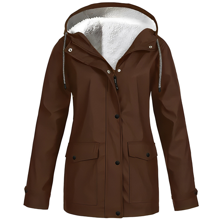 Agasalho feminino de chuva para inverno, impermeável, design estiloso para manter-se seca e aquecida.
