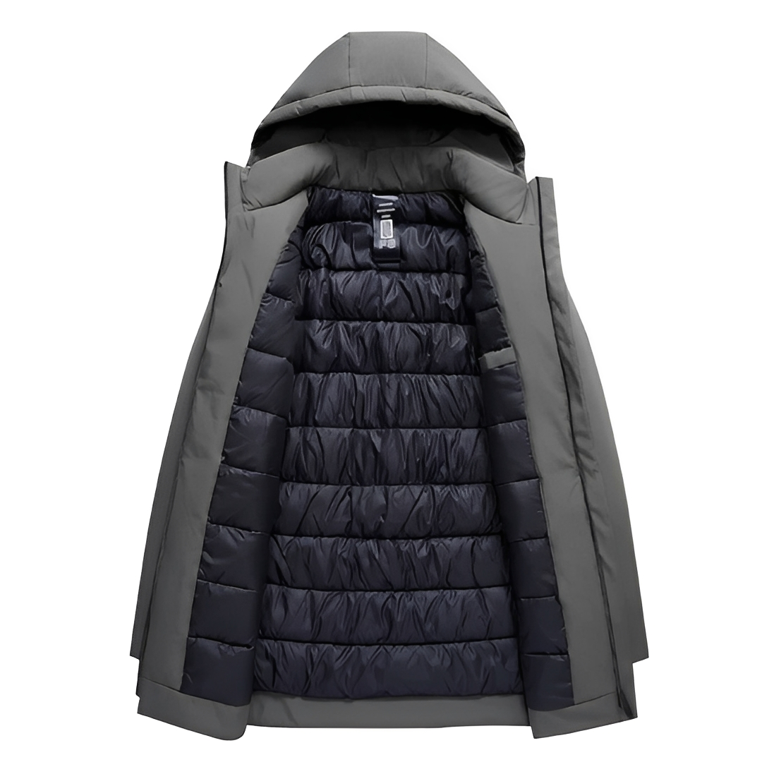 Agasalho de inverno masculino durável, com design moderno e ajuste confortável para temperaturas frias.