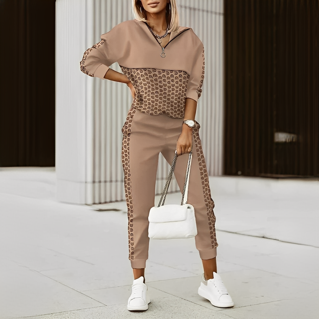 Conjunto feminino moderno de duas peças, elegante e confortável, para diversas ocasiões.