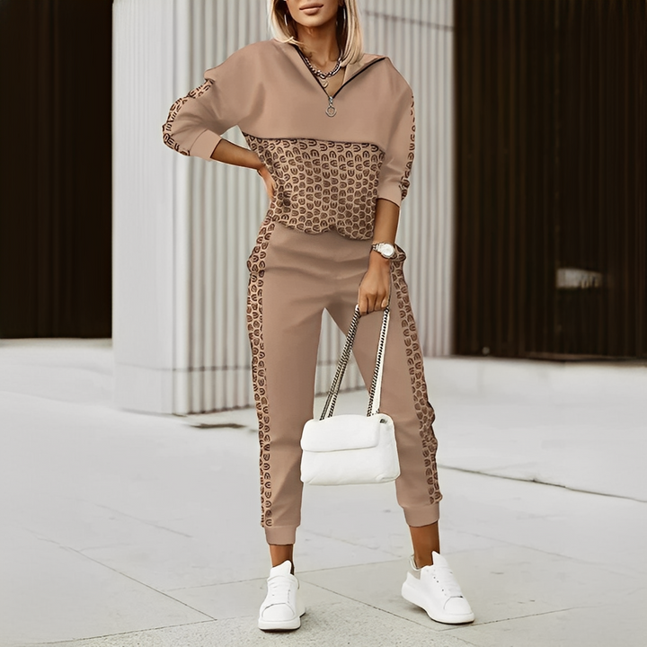 Conjunto feminino moderno de duas peças, elegante e confortável, para diversas ocasiões.