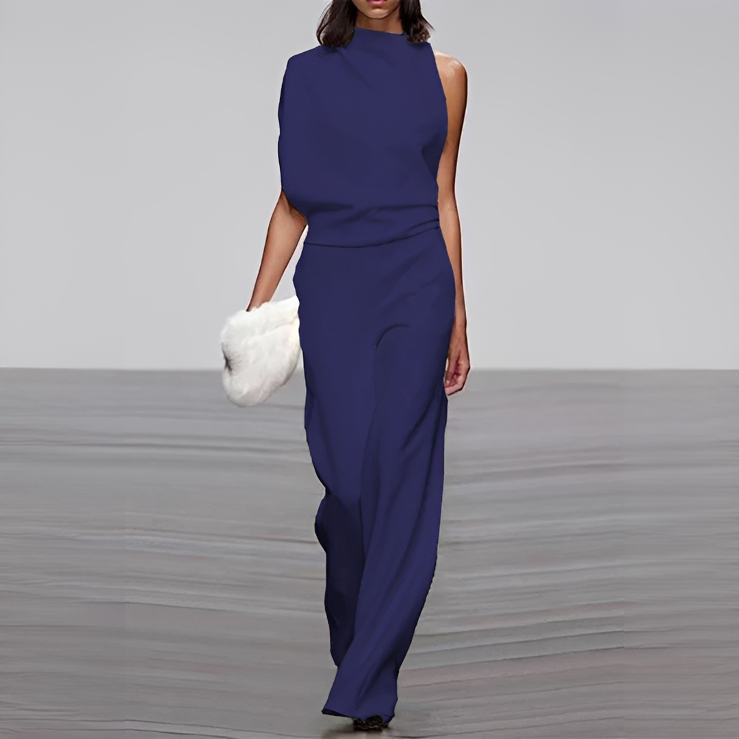 Macacão feminino confortável de pernas largas, decote redondo, ideal para eventos de verão e estilo casual.