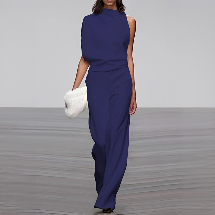 Macacão feminino confortável de pernas largas, decote redondo, ideal para eventos de verão e estilo casual.
