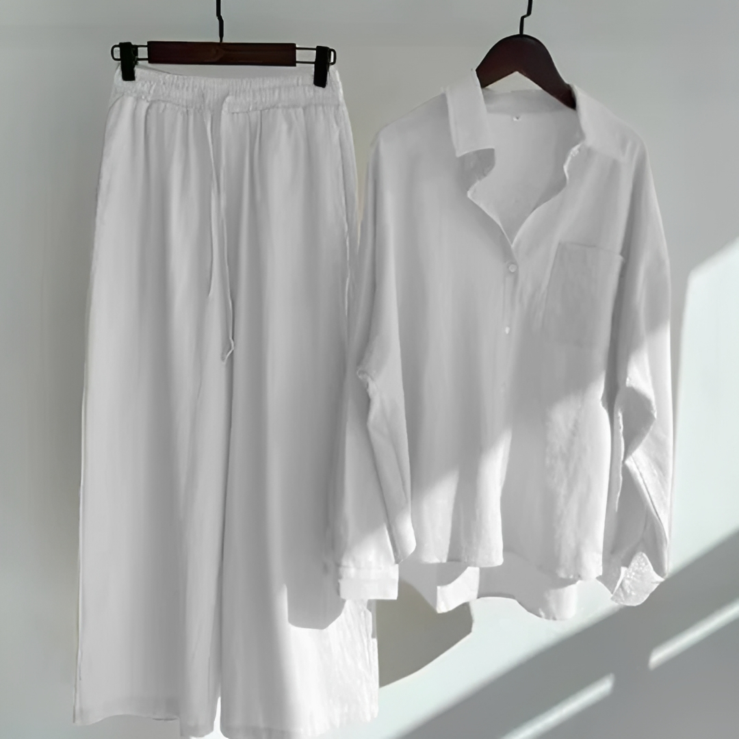 Conjunto casual feminino de verão, calças soltas confortáveis e blusa coordenada para estilo diário.