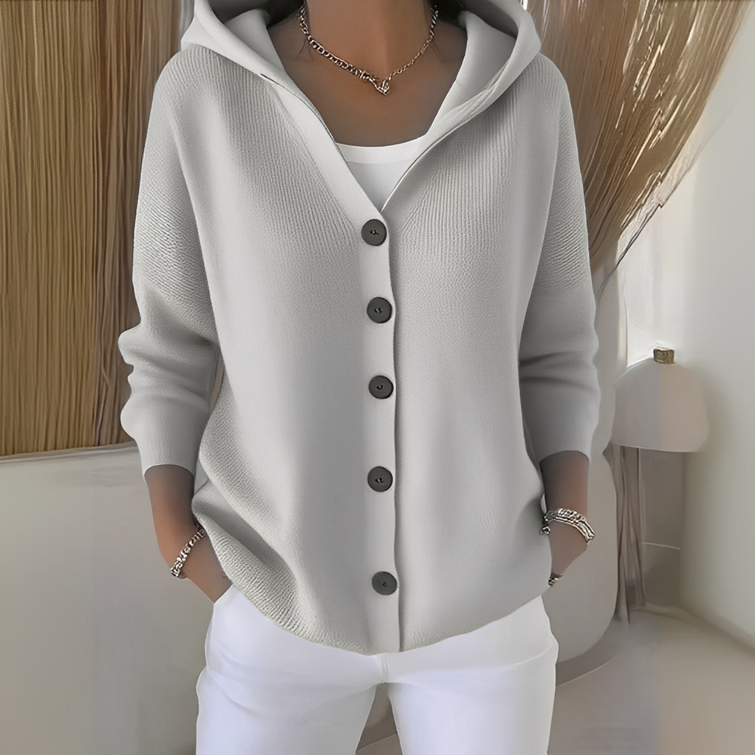 Cardigan feminino moderno com capuz, manga longa, tendência para moda outono/inverno.