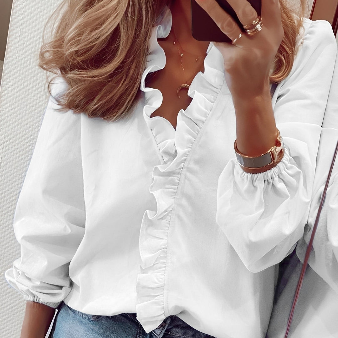 Blusa elegante de primavera verão, feminina, com decote V e babados, ideal para looks casuais e escritório.