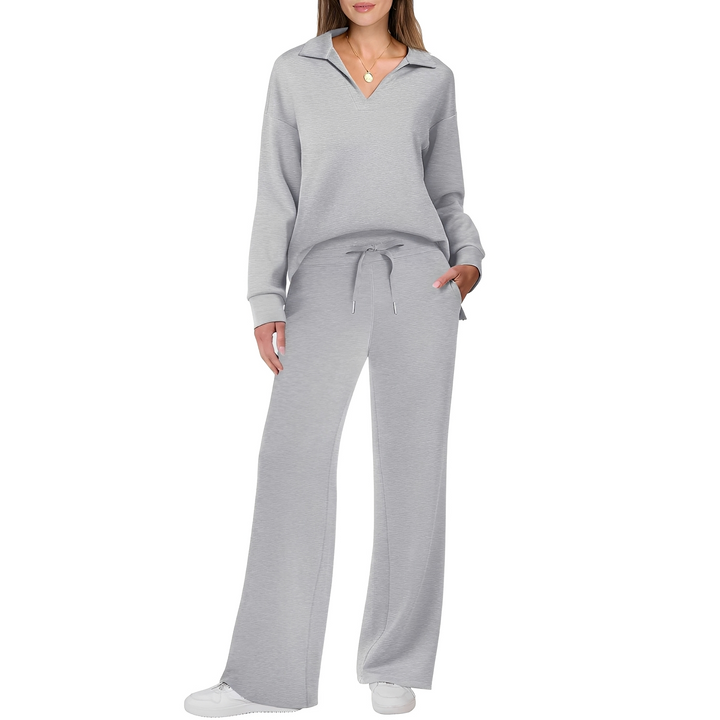 Conjunto feminino de moda casual: suéter e calças confortáveis, com estilo atemporal para mulheres.