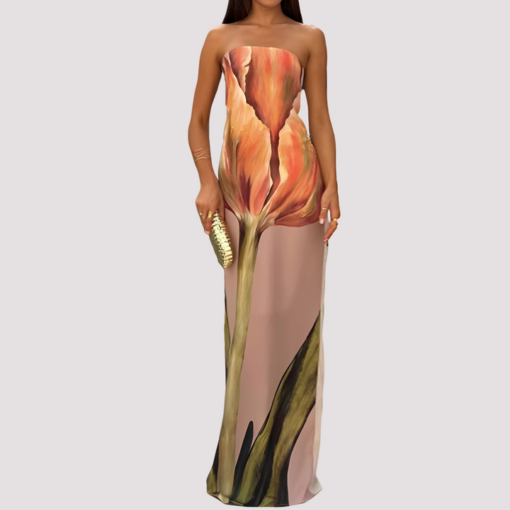 Vestido tomara que caia longo e colorido Samara, roupa feminina elegante para moda verão.