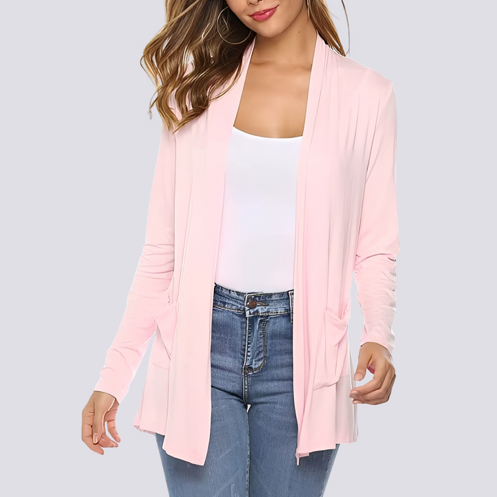 Jaqueta casual feminina de manga longa, ideal para moda outono/primavera. Conforto e estilo versátil para o dia a dia.