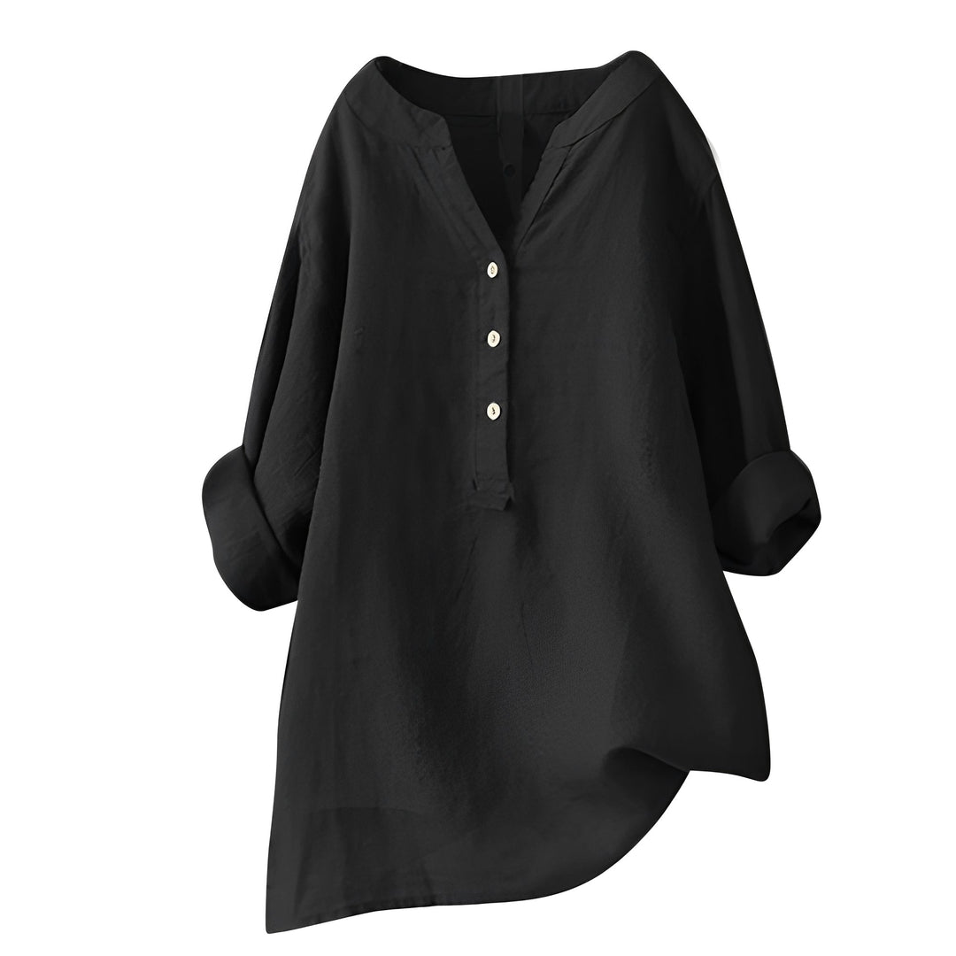 Blusa feminina Bethany elegante com caimento solto, ideal para um visual sofisticado e confortável no trabalho.