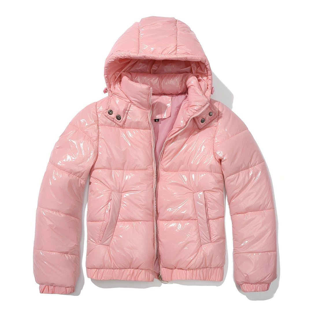 Jaqueta feminina puffer brilhante com capuz, estilo outwear. Quentinha e moderna para o inverno.