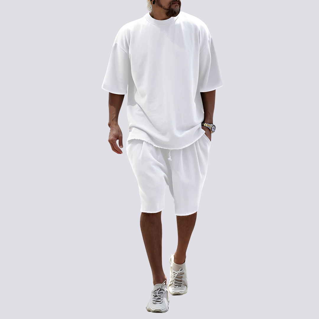 Conjunto masculino casual versátil, ideal para o dia a dia. Estilo solto e confortável para moda masculina.