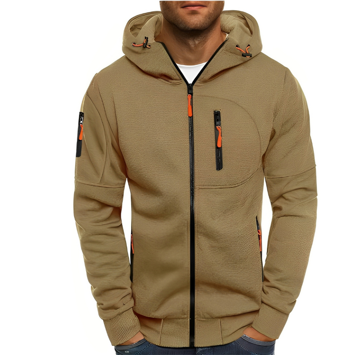 Jaqueta masculina confortável com capuz, ideal para todas as estações e estilo casual. Versátil e moderna.