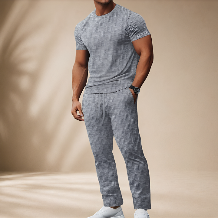 Conjunto masculino casual azul, cinza ou preto. Camiseta e calça confortáveis, ideais para um look masculino completo.