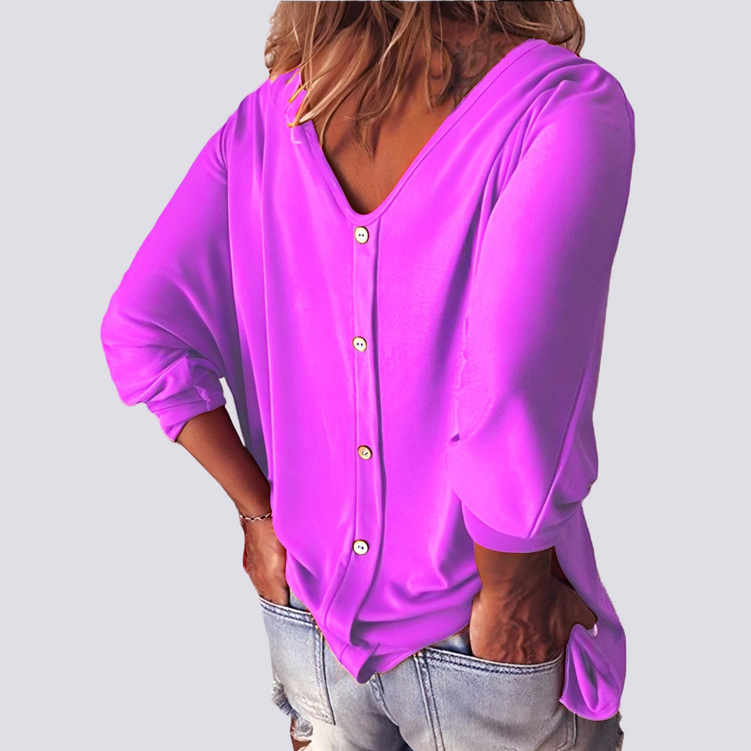 Top feminino casual elegante para o verão, com costas abotoadas. Uma peça versátil e confortável.