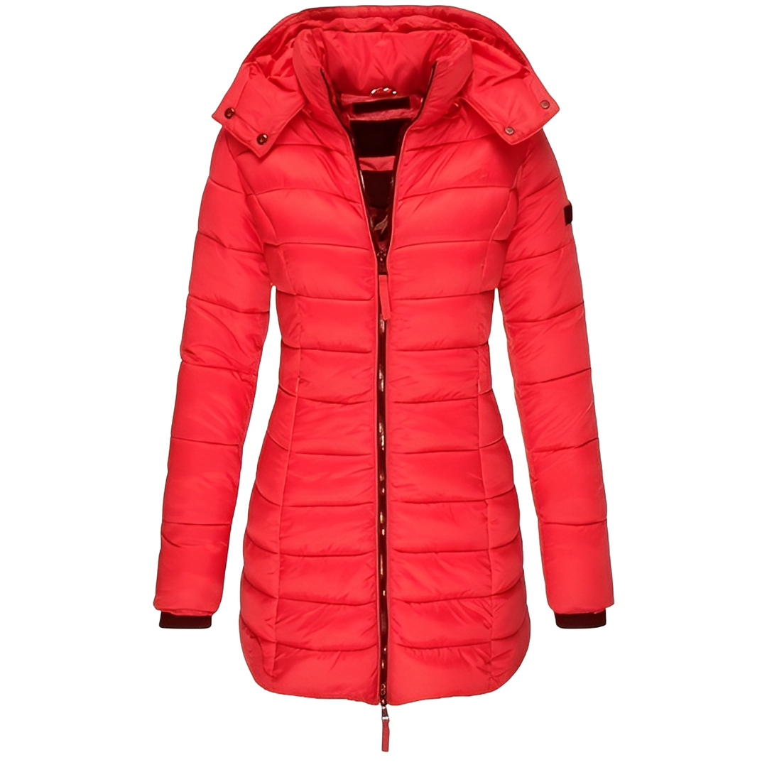 Casaco feminino acolchoado de inverno. Vestuário elegante para proteção contra o frio, com estilo.