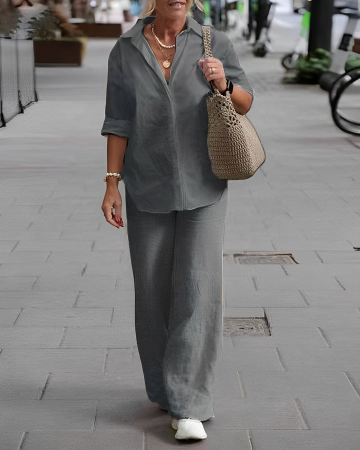 Conjunto feminino para o dia a dia, com manga curta e calças casuais de verão com bolsos, estilo descontraído.
