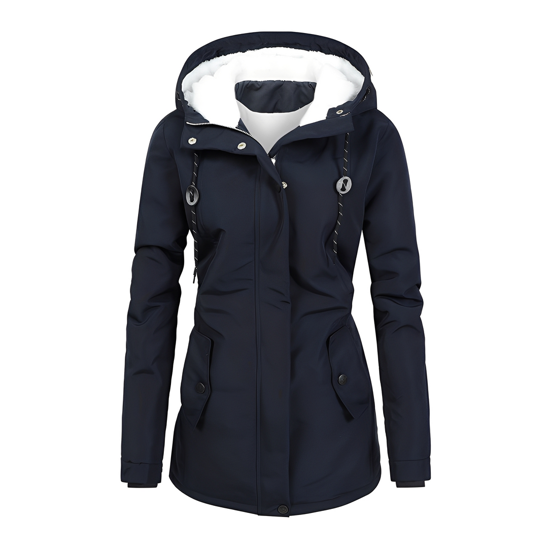 Jaqueta de inverno feminina elegante com capuz removível. Conforto e moda para esta estação gelada.