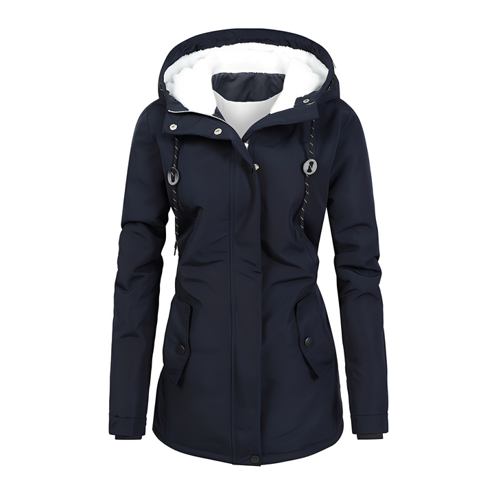 Jaqueta de inverno feminina elegante com capuz removível. Conforto e moda para esta estação gelada.