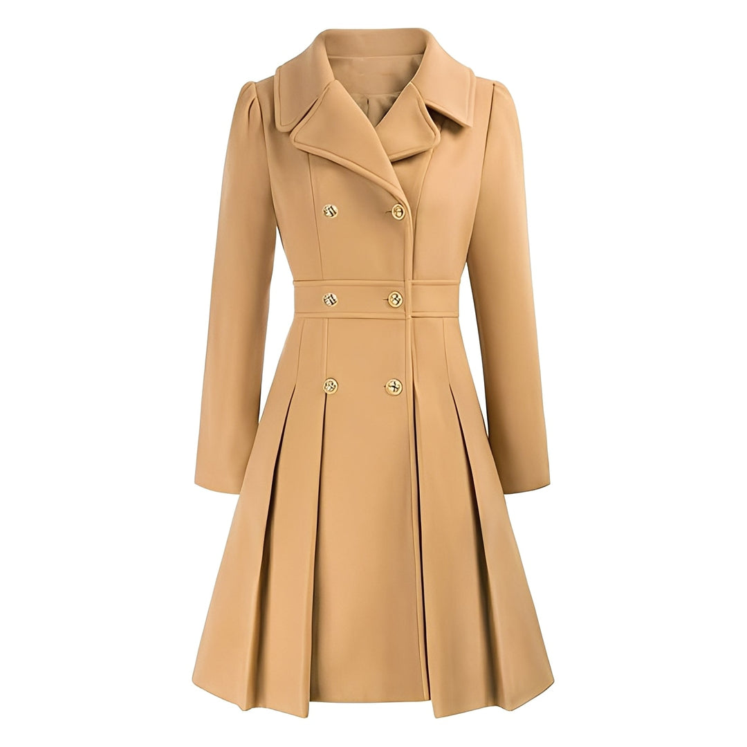 Trench-coat feminino clássico, corte ajustado, abotoamento duplo, moda e elegância.