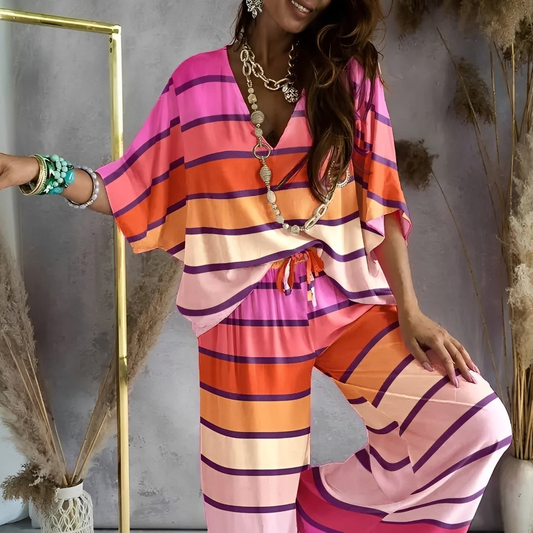 Conjunto feminino de lounge solto estiloso. Roupa de verão confortável, ideal para relaxar e casual.