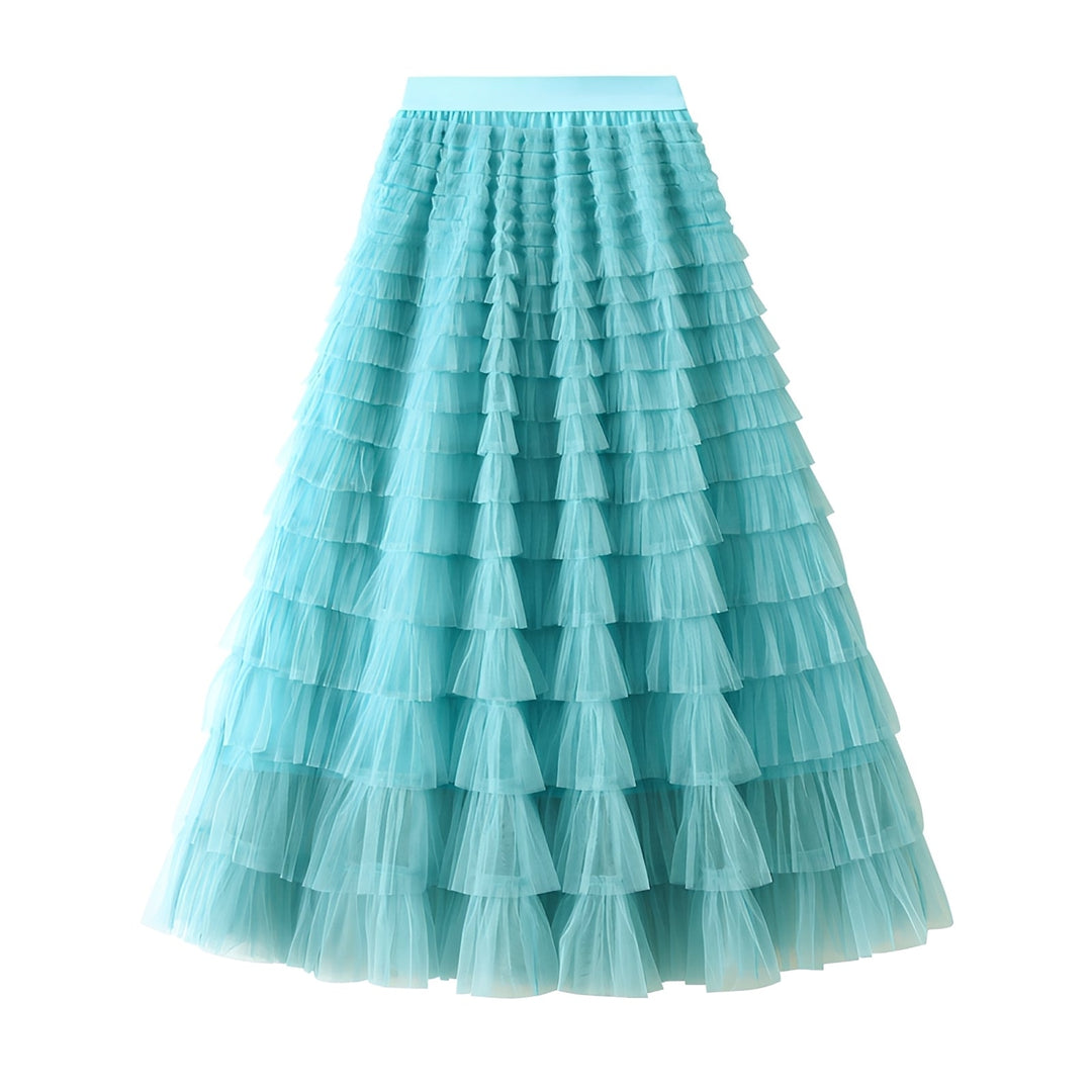 Saia feminina estilosa com babados, silhueta em linha A. Confortável e elegante para o verão. Moda feminina casual.