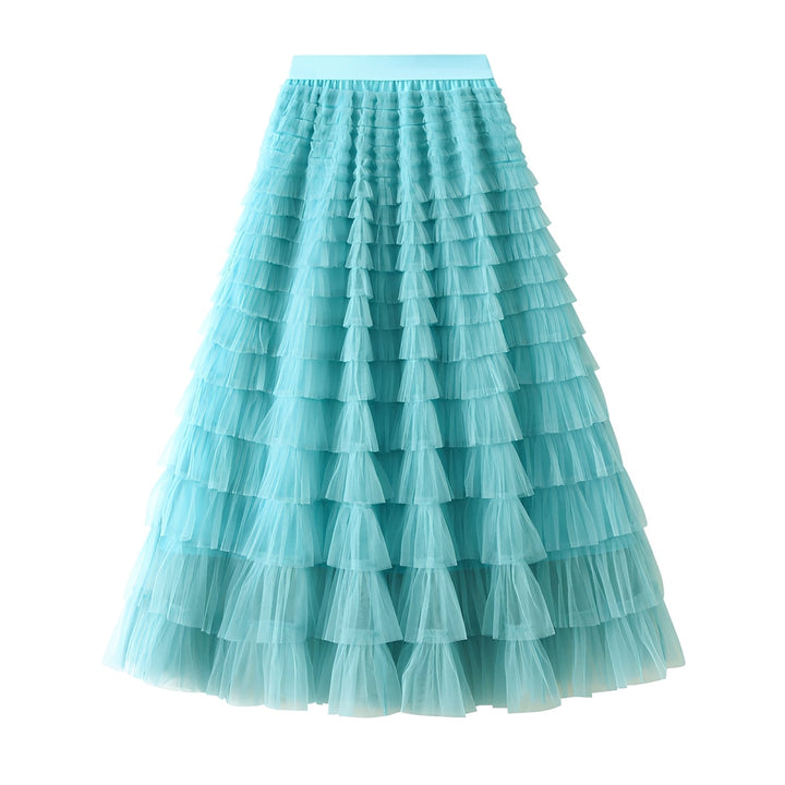 Saia feminina estilosa com babados, silhueta em linha A. Confortável e elegante para o verão. Moda feminina casual.