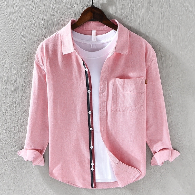 Camisa masculina rosa de manga longa, estilo casual, perfeita para moda masculina e tamanhos grandes.