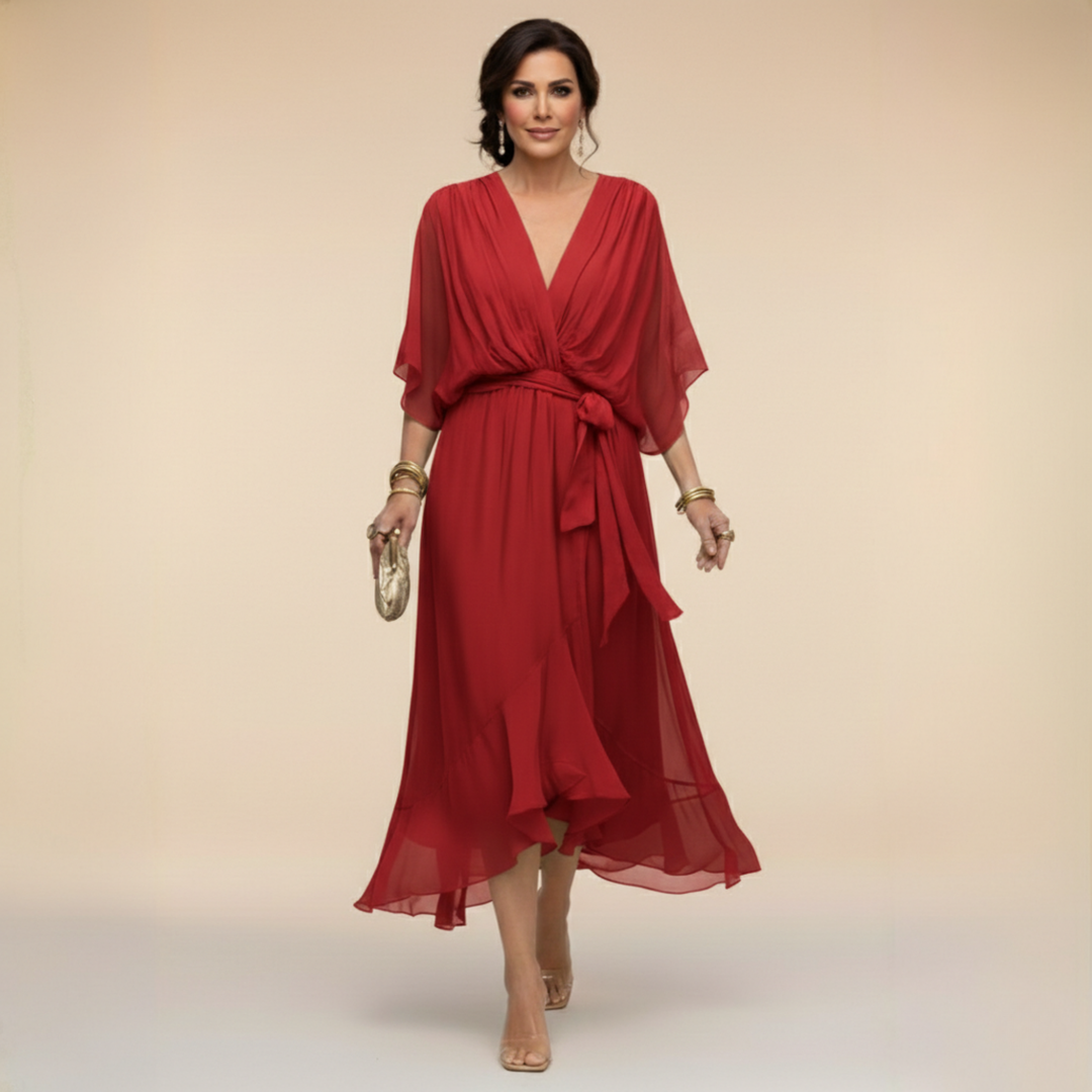 Vestido feminino casual chic, decote V, ideal para o dia a dia ou festa. Conforto e elegância.