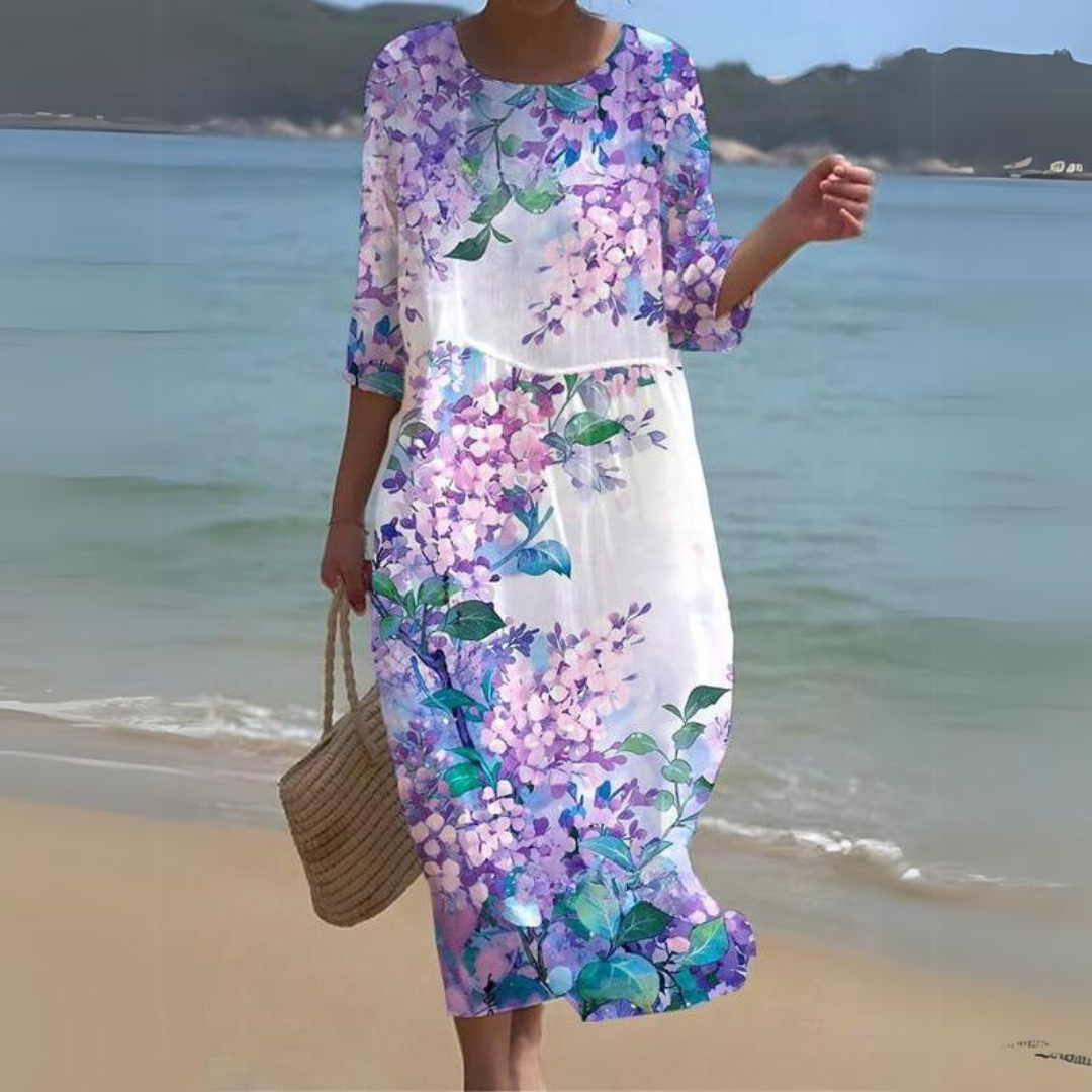 Vestido Alina midi fluido, perfeito para looks de verão. Roupa feminina elegante e muito confortável.
