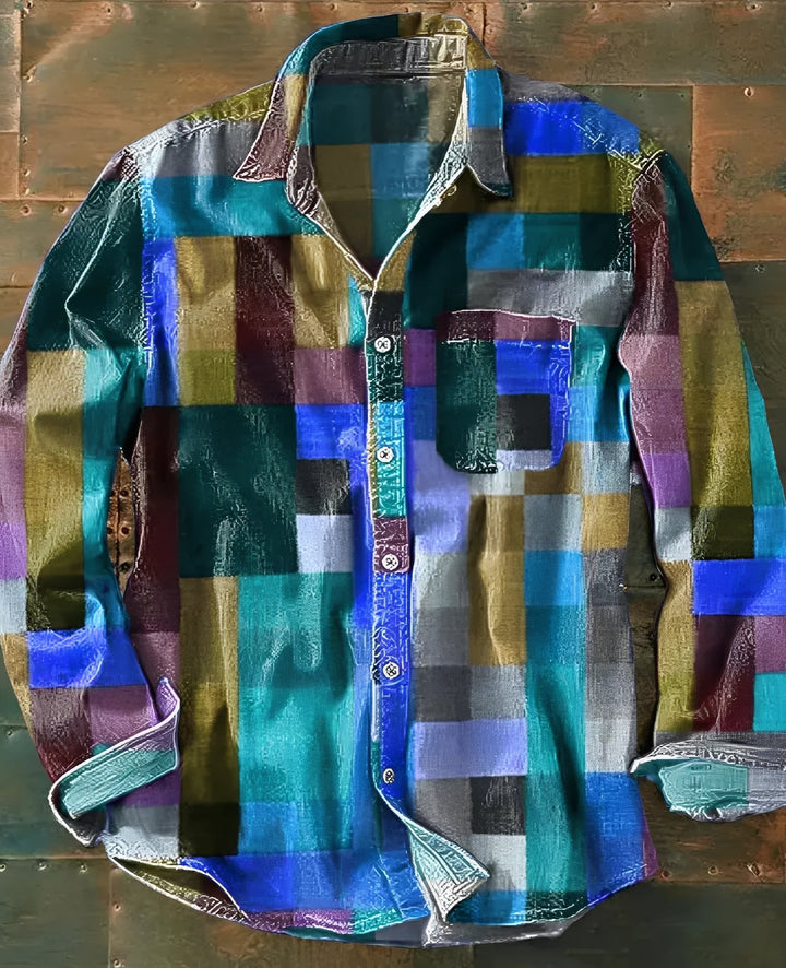 Roupa masculina: camisa de manga comprida padronizada, estilo clássico, confortável para verão e outono.