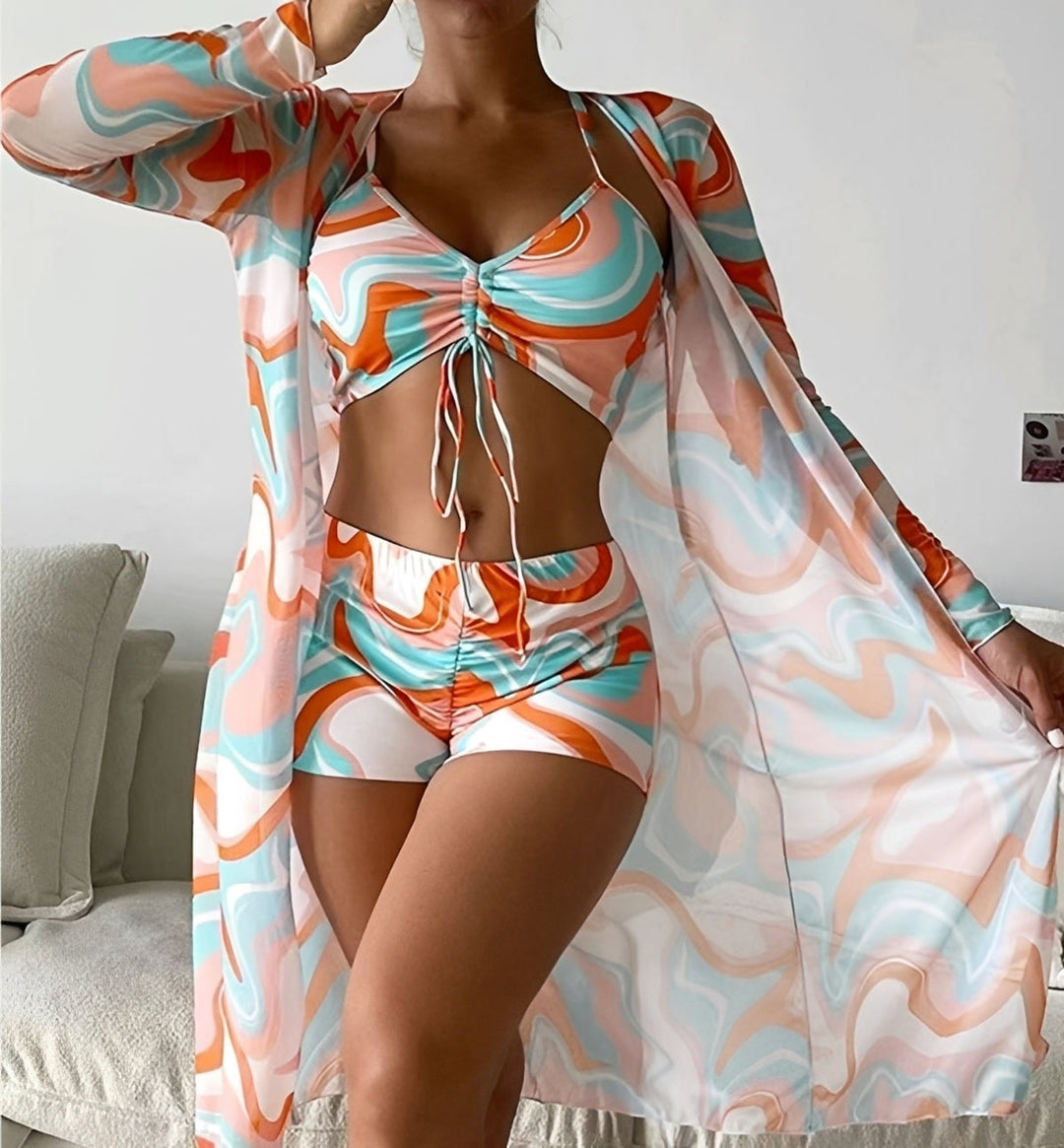 Conjunto maiô feminino 3 peças versátil para o verão. Roupa de banho estilo praia, moda tendência, cores vibrantes.