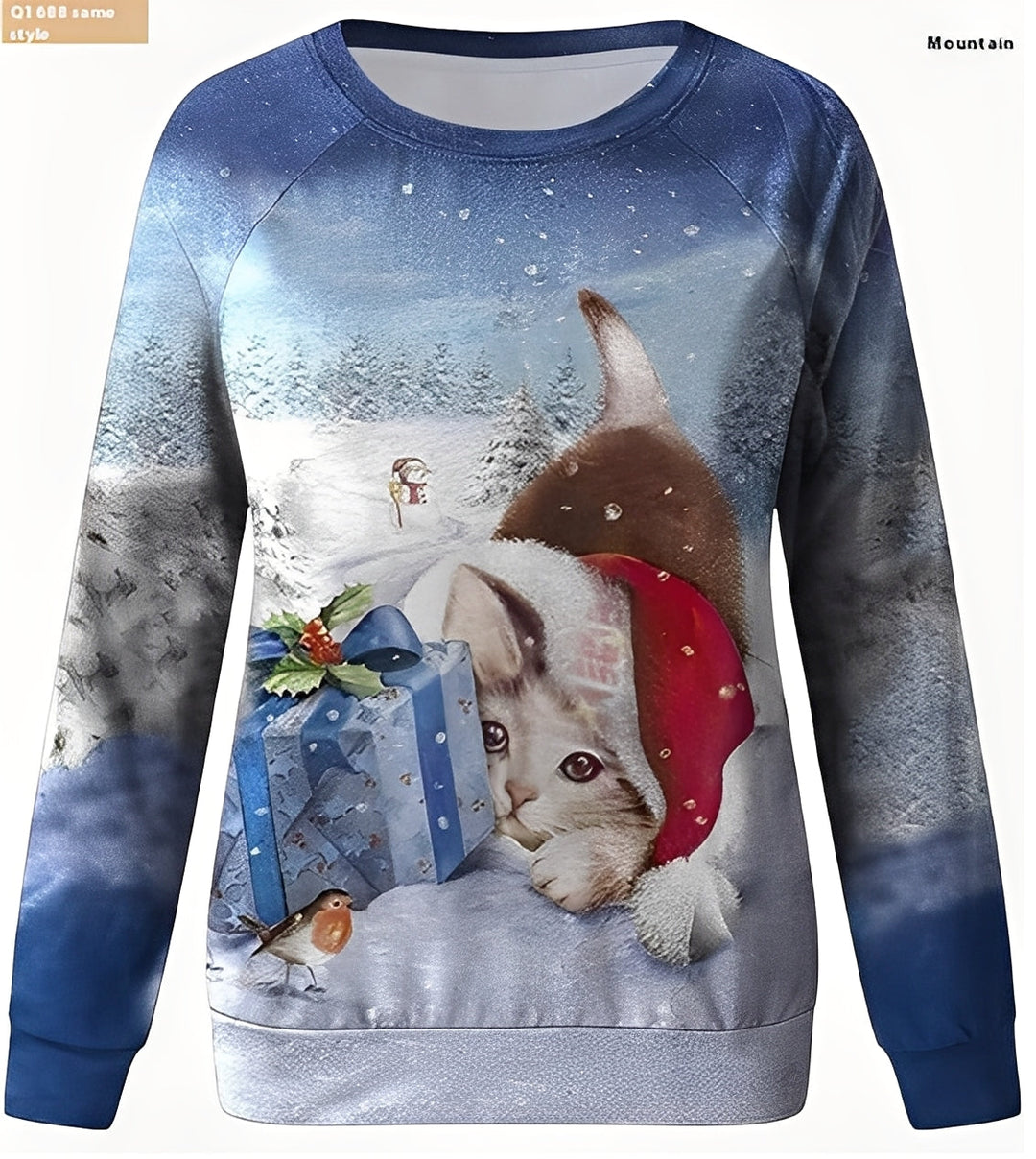 Suéter feminino elegante de natal, com estampa de rena clássica, ideal para o inverno e festas temáticas.