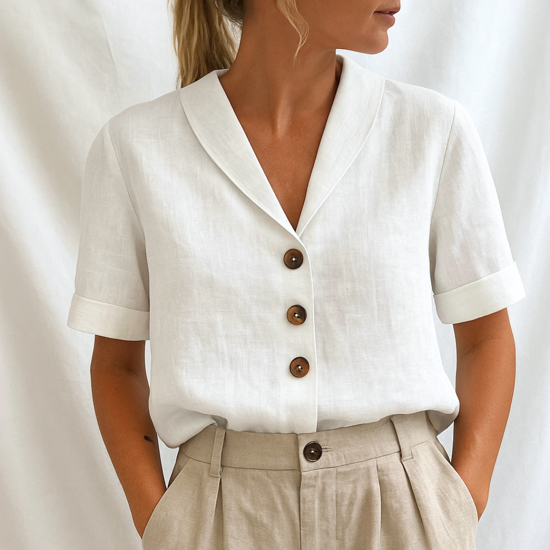 Blusa feminina lisa elegante de manga curta, perfeita para escritório ou look casual na primavera.